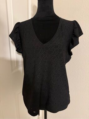 Michael Kors Black Eyelet V-Neck Flutter Sleeve Top